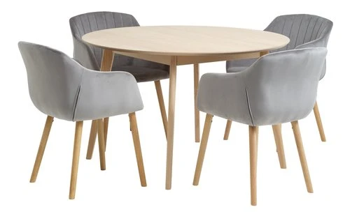KALBY Ø120 Table Chêne + 4 ADSLEV Chaises Velours Gris 1 KALBY Ø120 Table Chêne + 4 ADSLEV Chaises Velours Gris
