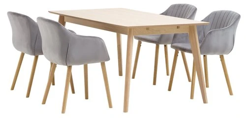 KALBY L160/250 Table Chêne + 4 ADSLEV Chaises Velours Gris 1 KALBY L160/250 Table Chêne + 4 ADSLEV Chaises Velours Gris
